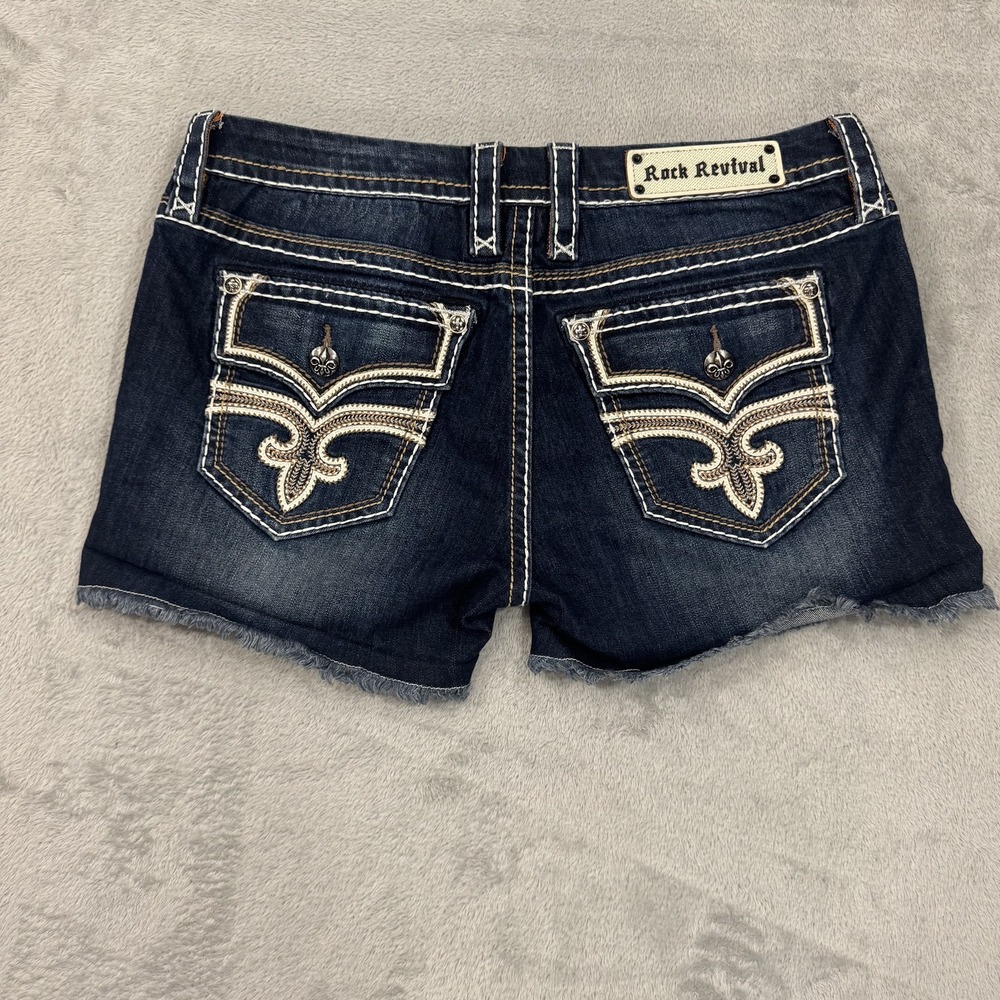 Rock Revival Sukie Shorts Women's 32 Cut Off Denim Fleur De Lis Button Pockets
